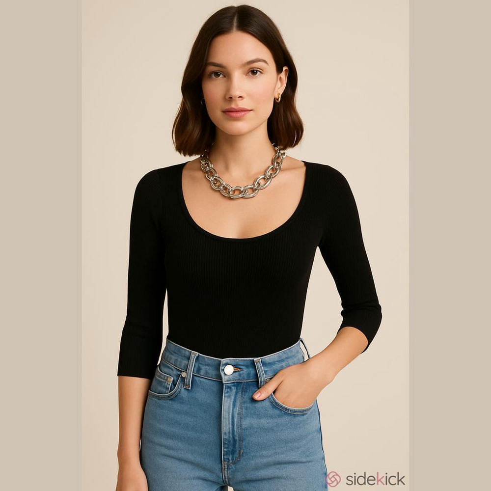 OnTwelth Black Ribbed Knit Top Women's Small Scoop Neck